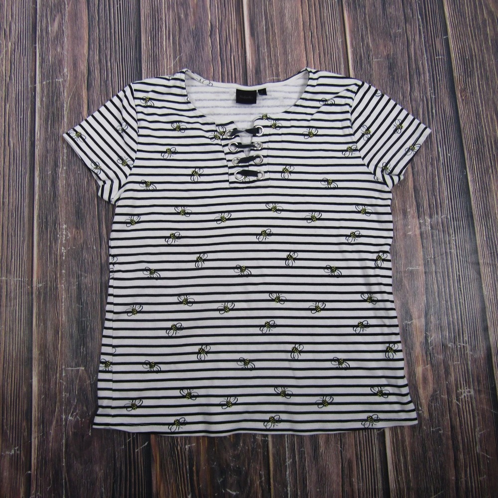 Rafaella Womens M Striped Bee Henley T Shirt Lace Up Jersey Top Granny Core